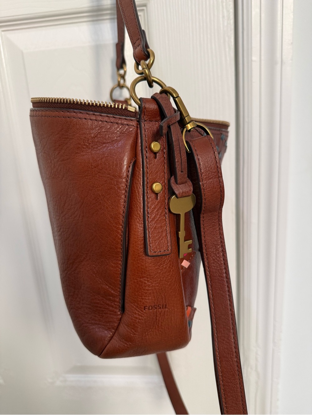 Fossil Brown Woven Leather Crossbody - Multi-Color Chevron + Key Charm - Picture 9 of 10